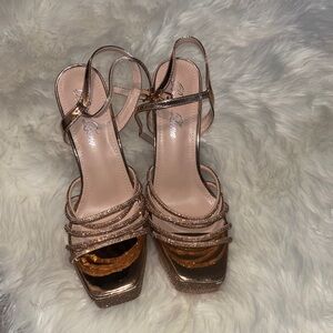 Metallic Rose Gold Strappy Block Heel Sandals